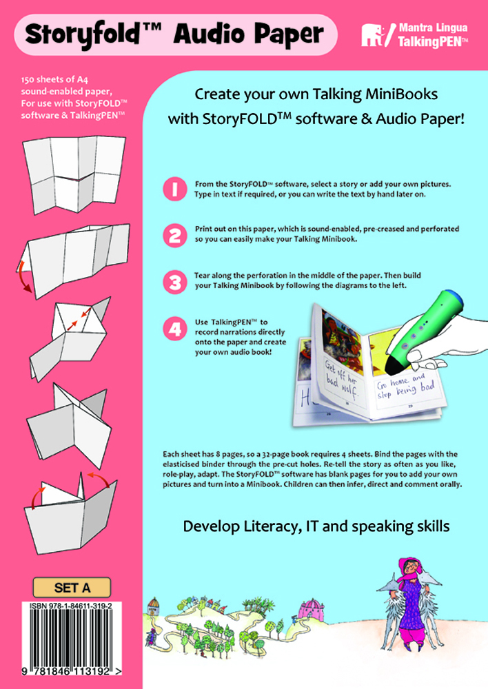 Produktbild i rosa och blått som visar förpackningen för Mantra Linguas ljudpapper, StoryFold Paper, som kan användas för att spela in sin egen röst eller andra ljud direkt på pappret och sedan lyssna med de talande pennorna