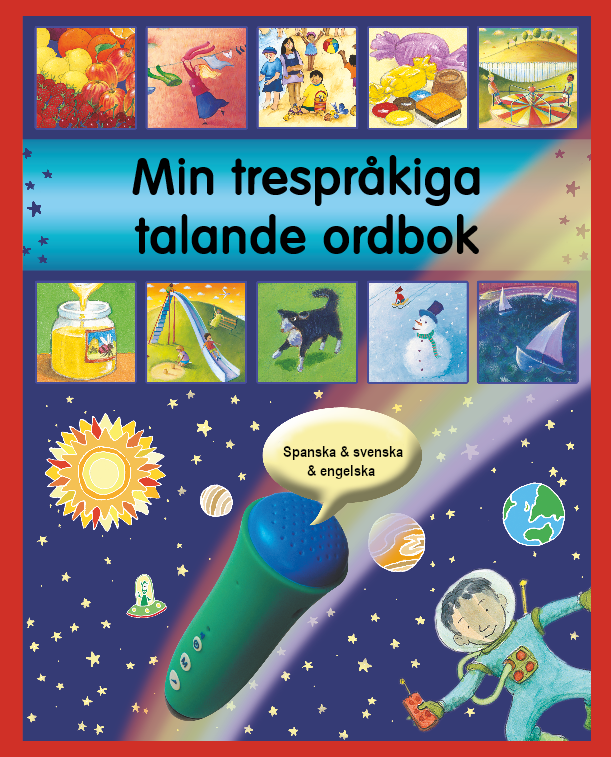Omslagsbild med rymden, planeter och stjärnor, texten "Min Trespråkiga Talande Ordbok"